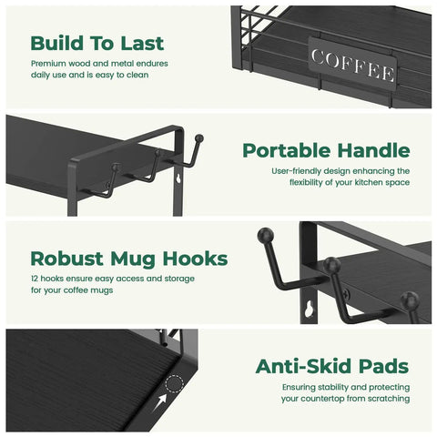 Features of Coffee Mug Organizer Rack For Countertop, 2 Tier Mug Stand With 12 Hooks, durable material, handle, sturdy hooks, black color.