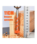 Extended Forstner Drill Bits 16 To 25mm Hex Shank in wood showing 11CM deep boring capability.