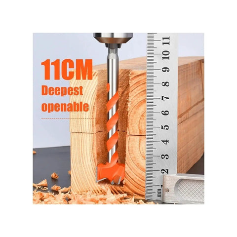 Extended Forstner Drill Bits 16 To 25mm Hex Shank in wood showing 11CM deep boring capability.