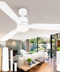 42 Inch Ceiling Fan With Light And Remote Control in a modern living room, showcasing its white finish and slim design with remote detail