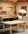 Tough As Nails 4 Pack 3-Way Corner Brackets for DIY Workbenches, showing installed brackets on wooden table in workshop.