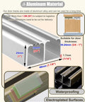Aluminum tracks for heavy duty sliding door kit with bypass track hardware for two doors, showing dimensions and waterproof features.