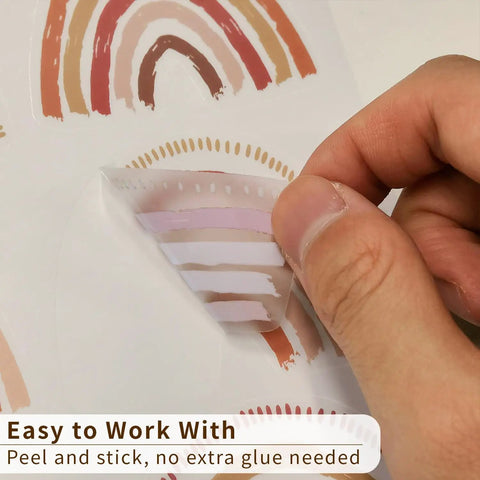 Applying 72 Piece Small Boho Rainbow Wall Decals Peel And Stick Set With 12 Sheets, showing peel action.