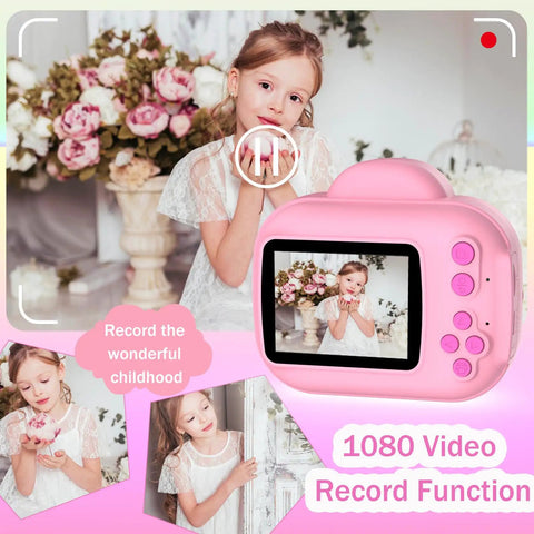 Instant Print Kids Camera For Girls And Grandkids With 1080P HD Video Easy To Use Toy Camera Thermal Printer Includes SD Card Pink Color Perfect Gift For Ages Four Through Ten, pink plastic front view