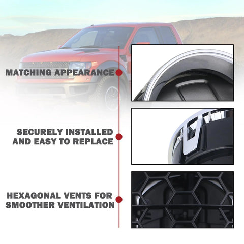 4-piece dashboard A/C vent louvers for Ford F-150 (2009–2014); close-ups of vent louvers and hexagonal grille