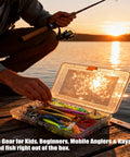 Starter Bass Fishing Tackle Kit For Kids And Beginners With 75 Pieces No Junk Fillers Lures on dock at sunset.