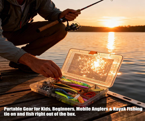 Starter Bass Fishing Tackle Kit For Kids And Beginners With 75 Pieces No Junk Fillers Lures on dock at sunset.