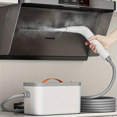 Premium Handheld Steam Cleaner For Crushing Gnarly Messes Off Tile Floors Kitchen Counters Car Interiors And Stubborn Bathroom Residue Quick Heat Up White in use for kitchen cleaning.