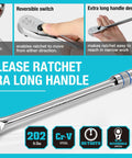 Extra Long 12 Inch Three Eighths Inch Drive Ratchet Wrench With Ninety Tooth Gear Dust Proof Teardrop Enclosed Head displayed on turquoise background