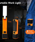 All In One Rechargeable Work Light With Dual COB Flood And LED Spotlight shown with dimensions and portable use in pocket