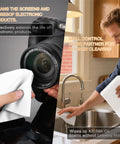Man using Ultra Absorbent Microfiber Wipes 6x6 Inches, 100 Pcs No Lint Cleaning Cloths on a camera and in kitchen