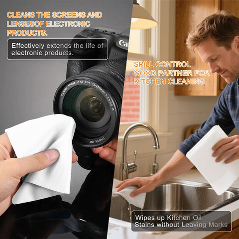 Man using Ultra Absorbent Microfiber Wipes 6x6 Inches, 100 Pcs No Lint Cleaning Cloths on a camera and in kitchen