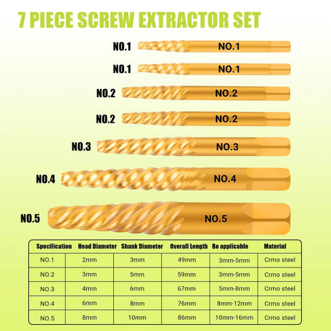 Damaged Screw Extractor Set, 7 Piece Easy Out Bolt Extractor Kit For Grabbing Broken Bolts, Stripped Screws And Studs In Wood Or Metal