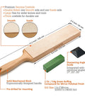 Double Sided Leather Strop Kit 13.2 By 2.4 Inches With Smooth And Suede Surfaces For Polishing And Refining Edges Made From Premium Genuine Cowhide Leather For Pro Home Sharpening, measuring dimensions and components visible.