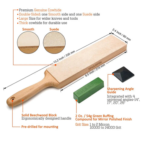 Double Sided Leather Strop Kit 13.2 By 2.4 Inches With Smooth And Suede Surfaces For Polishing And Refining Edges Made From Premium Genuine Cowhide Leather For Pro Home Sharpening, measuring dimensions and components visible.