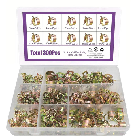 Rock Solid 300 Piece Manganese Steel Hose Clamps Kit With Stepless Design Ranging From 5 To 18 mm Featuring Low Pressure Air Suitability For Auto Pipes And Fastener Sorting Needs That Are Totally Awesome. 300-piece sorted case, 5-18mm spring hose clips
