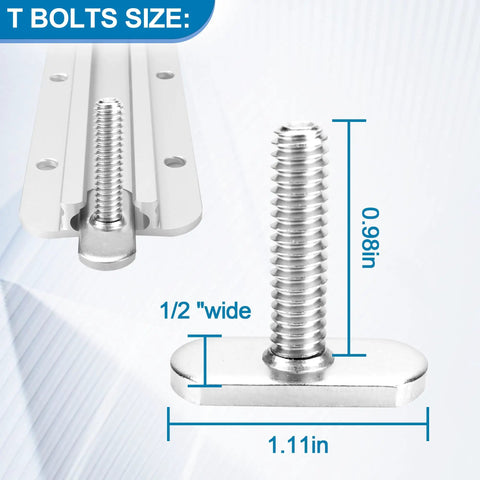 Heavy Duty T Bolts For Kayak Track Rail And T Slot Mount Screw Setup Built Tough, showing size dimensions and flat head design.