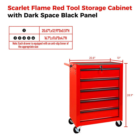 Twenty Inch Five Drawer Rolling Steel Tool Chest With Slick Powder Coated Finish For Garage Shop Daily Grind Heavy Duty Mobile Storage Cabinet side view with dimensions and dark panel details.