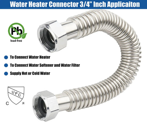 2 Pack 36 Inch Flexible Corrugated Water Heater Hose Connector Heavy Duty Hot Or Cold Water Supply Line Three Quarter Inch Stainless Steel FIP To Connect Water Heater Softener Filter