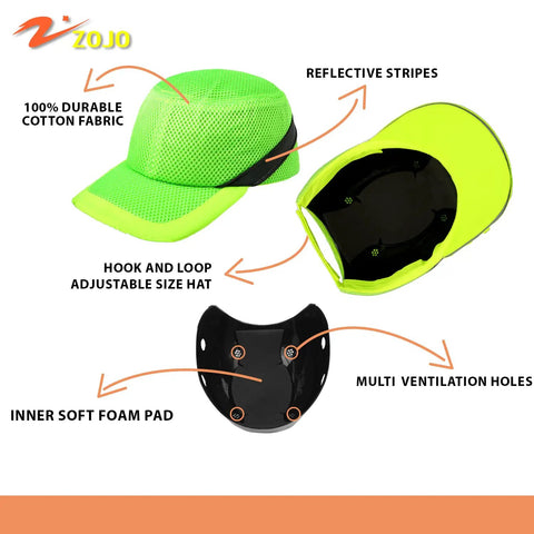 Baseball Bump Cap Hard Hat Safety Helmet With Reflective Breathable Lightweight Design 5 Pack Adjustable One Size Fits Most Men And Women High Density ABS Shell With Soft Removable Foam Padding Mesh Or Twill Version, showing green cap with ventilation holes and foam pad.