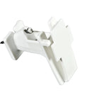 Wood Post Insulator For Poly Tape Electric Fence 250 Pack No Brainer Quick Install With Locking Tape Holder Extends Tape Two Inches From Post Includes Nails Heavy Duty Poly Construction, showing white insulator with locking holder.