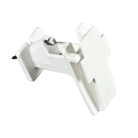 Wood Post Insulator For Poly Tape Electric Fence 250 Pack No Brainer Quick Install With Locking Tape Holder Extends Tape Two Inches From Post Includes Nails Heavy Duty Poly Construction, showing white insulator with locking holder.