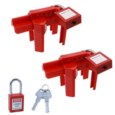 Adjustable Ball Valve Lockout Device for half to two and a half inch valves fits outdoor faucets spigots and pipelines with five padlock compatibility.