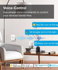 Living room scene with Matter Compatible Smart Plug Mini, Ultra Compact 15A 1800W near sofa, voice control icons displayed.