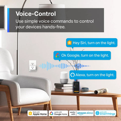 Living room scene with Matter Compatible Smart Plug Mini, Ultra Compact 15A 1800W near sofa, voice control icons displayed.