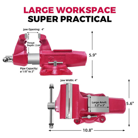 Industrial Bench Vise 4 Inch Jaw Width With 360 Degree Swivel Base Machined Round Guide Bar 86,000 PSI Ductile Iron 4 Inch Max