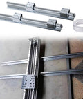 Heavy Duty Linear Motion Guide Rail System For DIY Projects And Electronics, Sliding Rail Track With Four Carriage Blocks, Adjustable Tension, Includes Slab Flattening Jig, Bearings, Pro Grade SBR12 800mm Rails; chrome steel rail kit in use