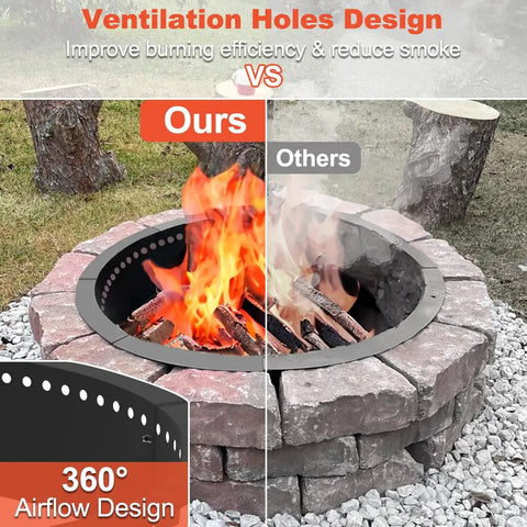 Comparison of smokeless fire pit ring liner for outdoor use heavy duty solid steel rim insert 40 inch outer diameter and 36 inch inner diameter fits above ground or in ground DIY campfires with ventilation holes design.