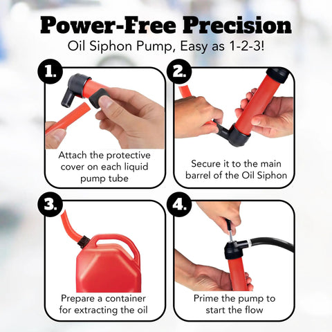 Grab-And-Go Multi-Use Manual Fuel Transfer Pump Kit instructions, showing steps to attach and use oil siphon pump for liquid transfers.