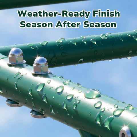 Close-up of green metal frame with water droplets, part of 3 In 1 Monkey Bars Set With Gymnastics Bars And Trapeze Swing For Backyard Fun.