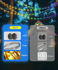 Two Pack Rechargeable Camping String Lights 32.8ft With 19 Lighting Modes 2 In 1 Tent String Lights Quick Storage Portable LED Lamp; comparison chart at night with brighter lights and durable materials next to a tent.