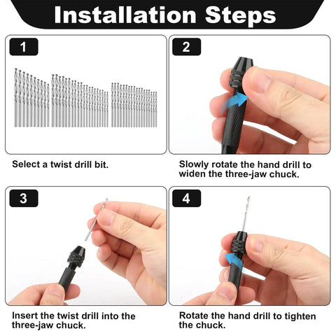 Installation steps for Complete 59 Piece Micro Hand Drill Bit Kit With Pin Vise 48 Small Twist Drill Bits And 10 PCB Cutting Bits
