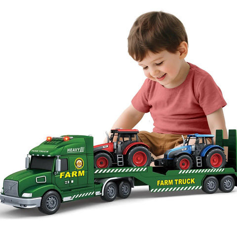 Child playing with 25 Inch Farm Truck Toy For Kids 3 In 1 Vehicle With Tractors Lights And Sounds Huge Farm Playset for Ages 3 to 8.