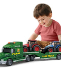Child playing with Farm Truck Toy Set For Toddlers And Kids Aged 3 To 7 Includes 27 Inch Semi Flatbed Truck And Two Tractors Friction Powered