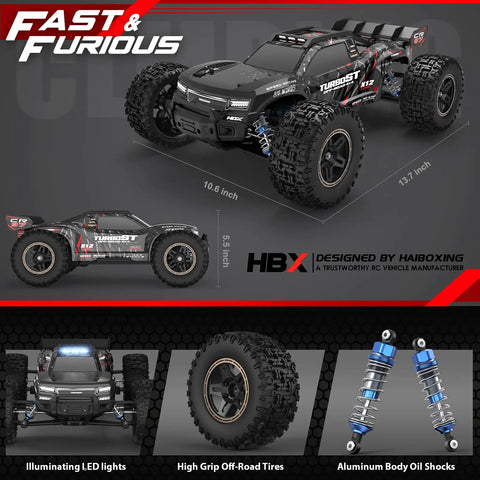 Fast Off Road RC Car 1/12 Scale 4WD Brushless Truck With Independent ESC highlighting dimensions, LED lights, tires, shocks