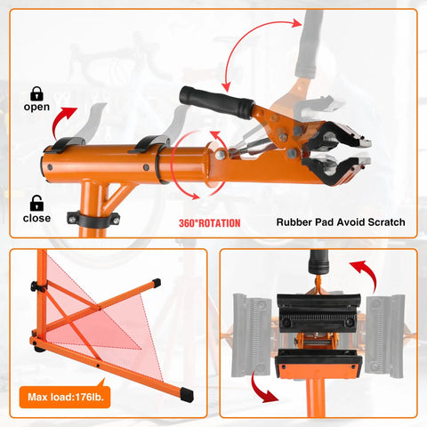 Heavy Duty E Bike Repair Stand Portable Foldable Workstand With 176 Lb Capacity, detail of orange clamp and stability features