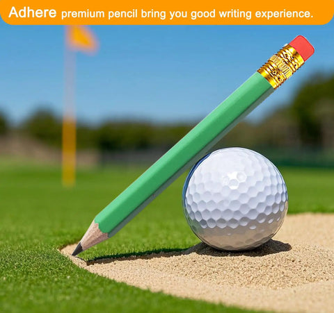 Premium 25-Pack Hexagonal Wooden Golf Pencils with Built-In Erasers and Graphite 2B Lead on a golf course with a ball.