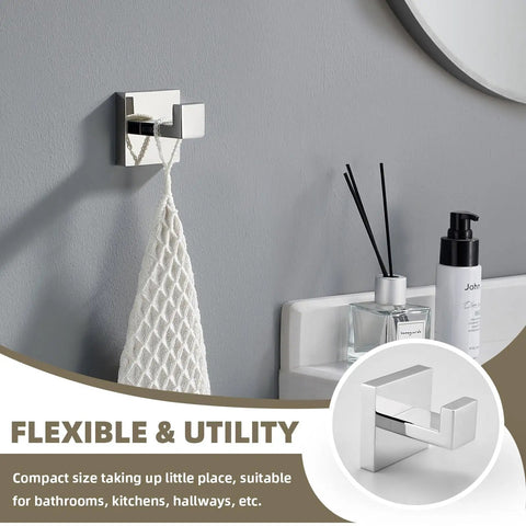 Polished Chrome 4 Piece Bathroom Hardware Set Built From 304 Stainless Steel with robe hook on wall holding towel