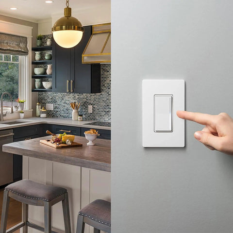 Slick Gliding Touch Led Dimmer Switch With Integrated Locator Light Single Pole Three Way Wiring Configuration For House Fixtures Heavy Duty Craftsmanship No Sweat Install in modern kitchen setting.