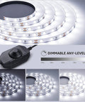 32.8 Foot Dimmable LED Strip Light With 600 High Brightness 2835 LEDs Daylight White 6000K shown with dimmer and brightness levels