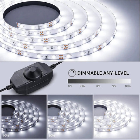 32.8 Foot Dimmable LED Strip Light With 600 High Brightness 2835 LEDs Daylight White 6000K shown with dimmer and brightness levels