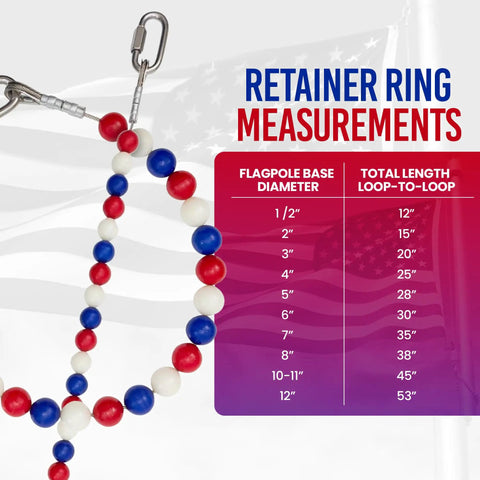 Beaded Retainer Ring For Internal Halyard Flag Pole System Keeps Flag Close To Pole On 2 Inch Diameter Poles Stainless Steel Cable Made In USA Silver Gray Finish Durable Flag Hardware with measurement chart.
