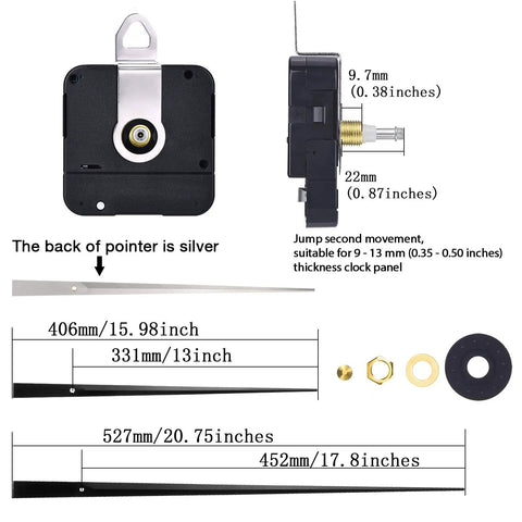 Heavy Duty High Torque Clock Movement Mechanism Replacement Kit For Wall Clocks with 17.8 Inch Long Black Hands shown in detail.