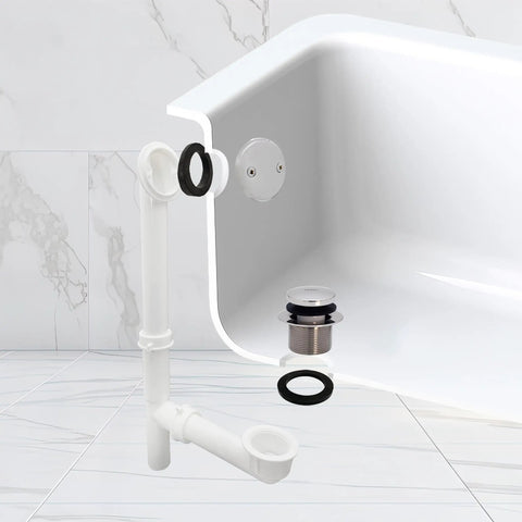 Polished Chrome Tubular Bath Waste And Overflow Assembly with White Slip-Joint Tubes, Foot-Operated Tip-Toe Drain Plug