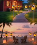 Outdoor Solar Torch Lights With Realistic Flickering Flames Adjustable Height 30.7 To 43 Inches Weatherproof Yard Path Torches Cordless Easy Setup Warm Ambient Glow For Nighttime Entertaining lighting a garden and beachside dining area