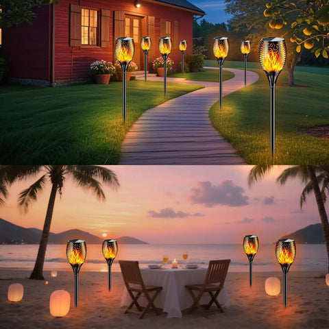 Outdoor Solar Torch Lights With Realistic Flickering Flames Adjustable Height 30.7 To 43 Inches Weatherproof Yard Path Torches Cordless Easy Setup Warm Ambient Glow For Nighttime Entertaining lighting a garden and beachside dining area